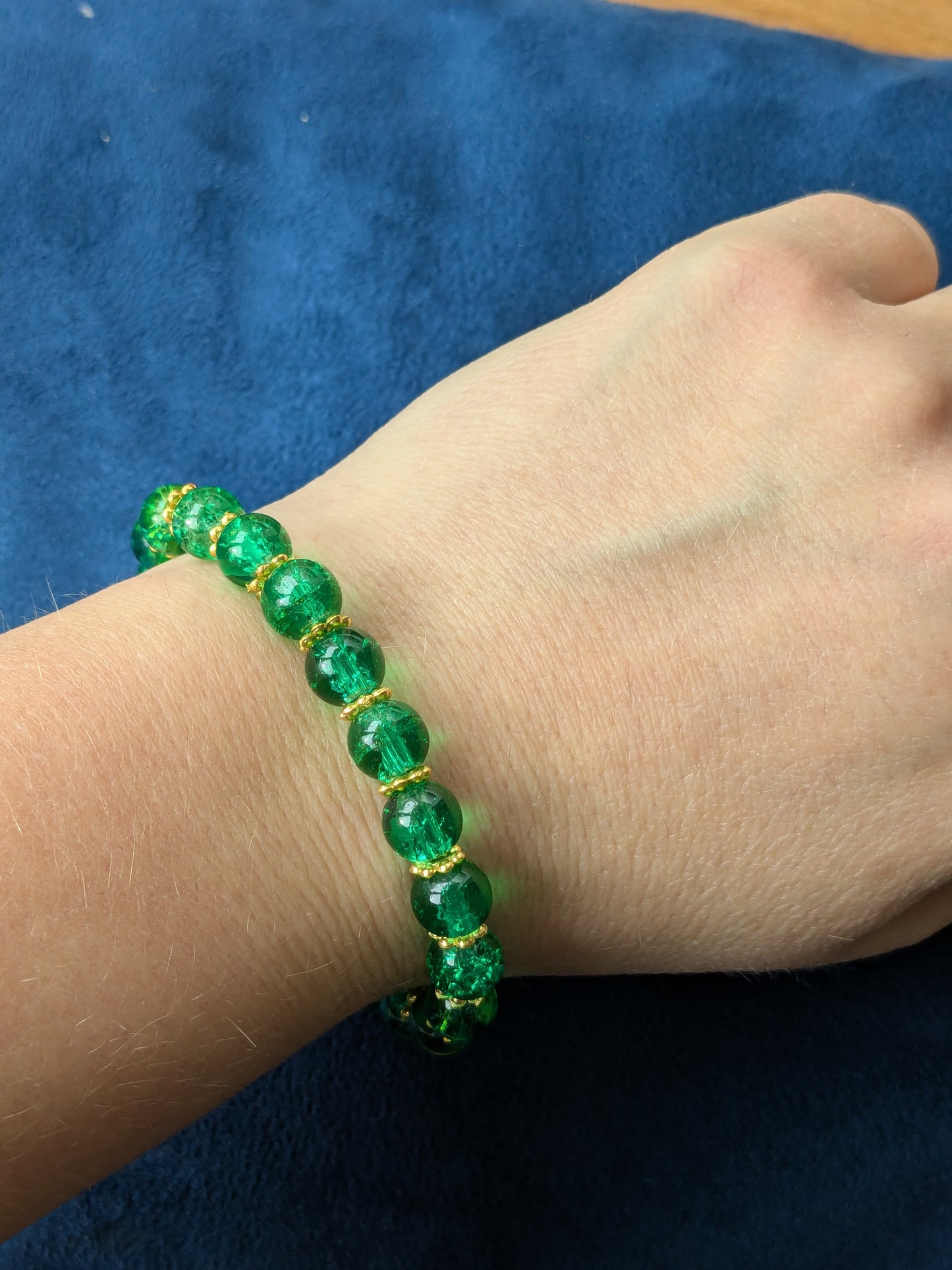 Bracelet perles verre craquelé vert foncé