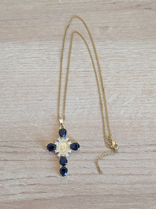 Collier Croix Catholique bleue