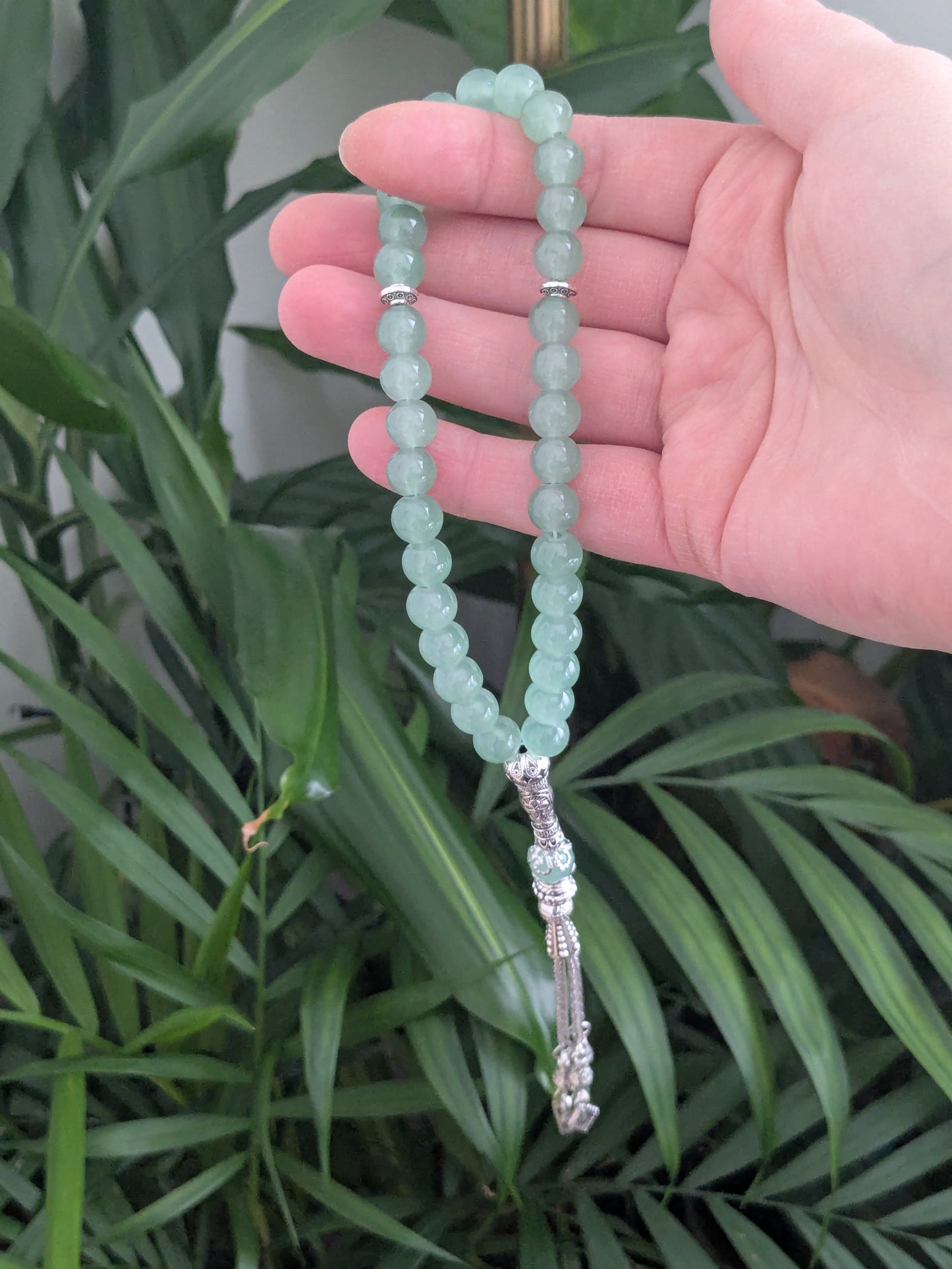Chapelet musulman en verre vert sauge