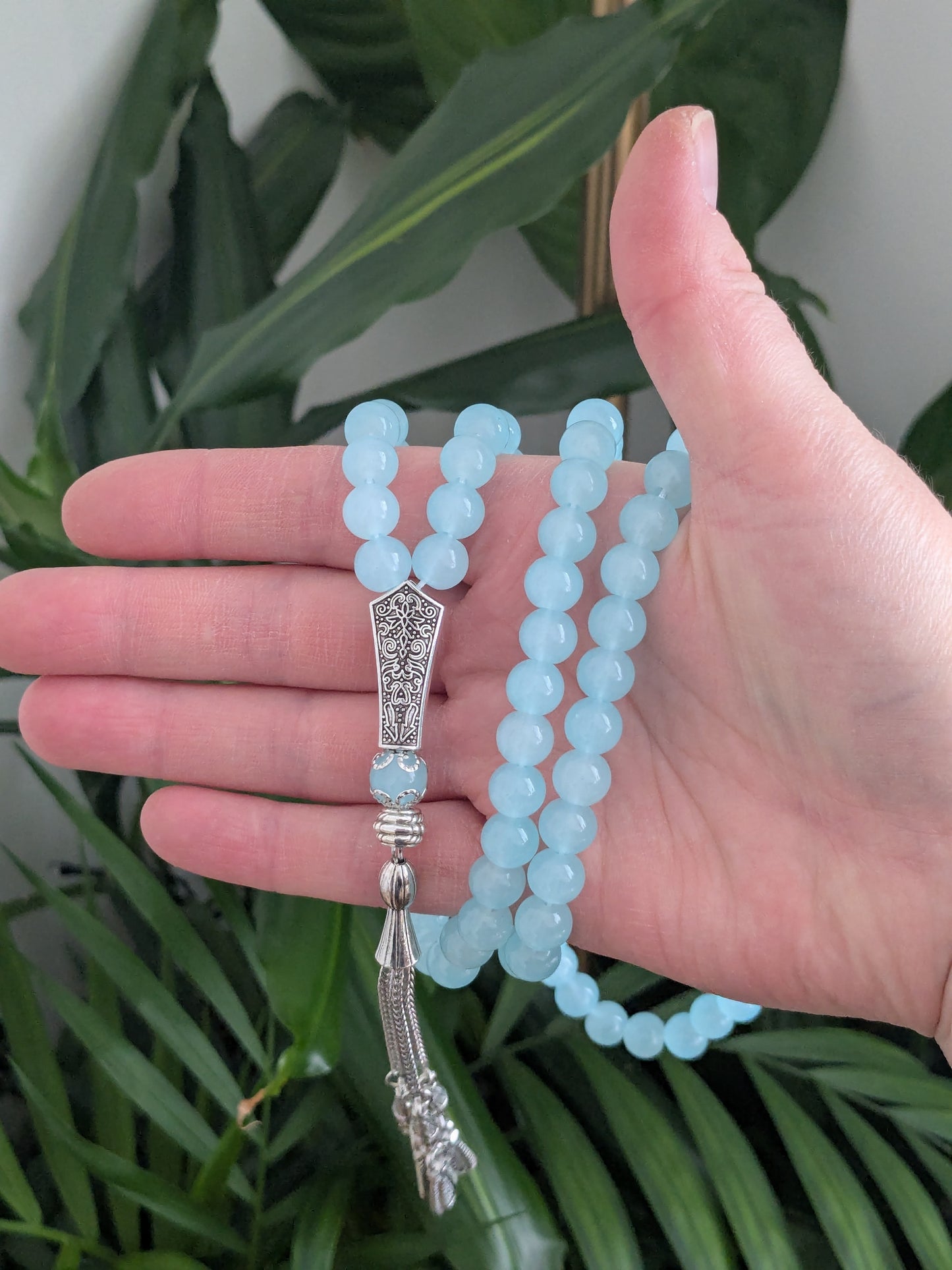 Grand misbaha en verre bleu clair