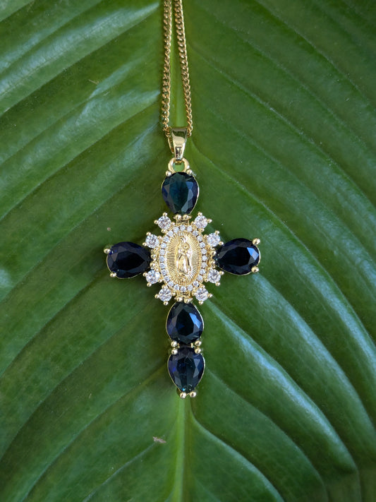 Collier Croix Catholique bleue