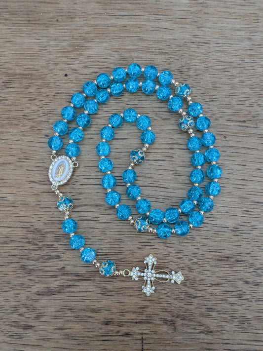 Chapelet en verre bleu turquoise doré