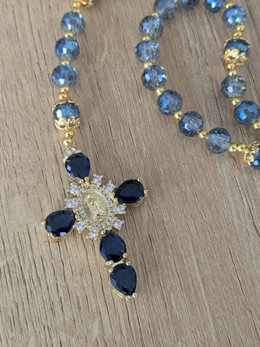 Chapelet facettées bleu gris