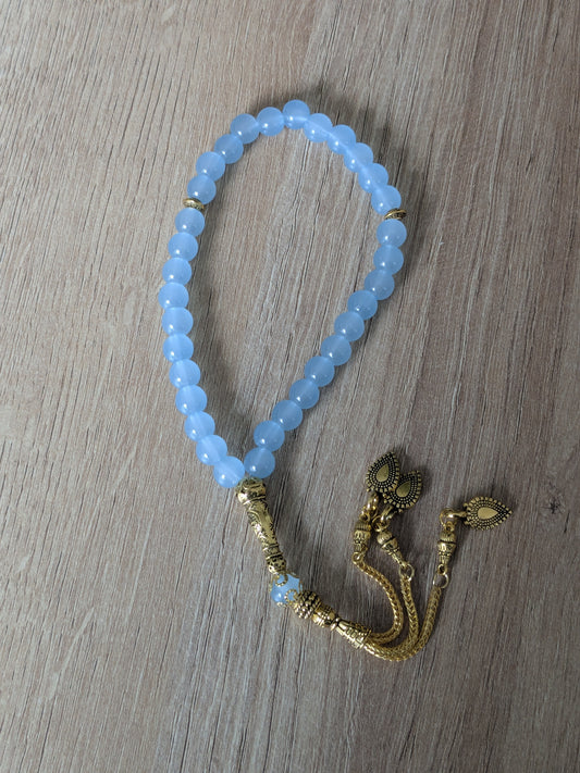 Petit misbaha en verre bleu glacier