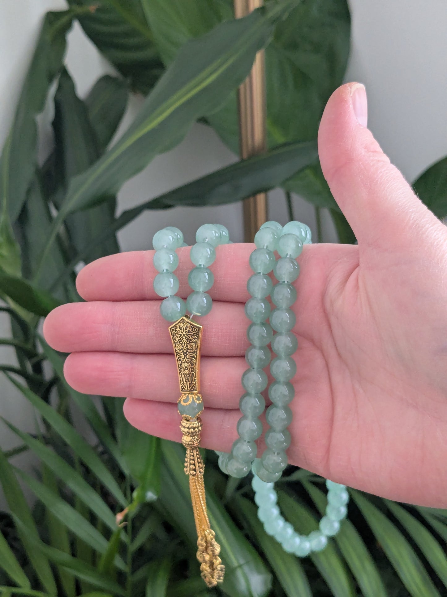 Grand misbaha en verre vert sauge