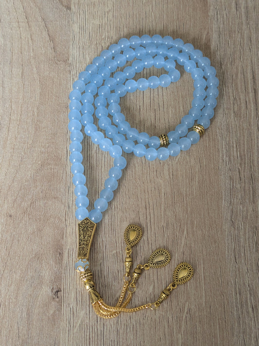 Grand misbaha en verre bleu glacier