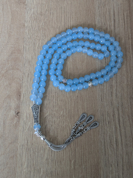 Grand misbaha en verre bleu glacier